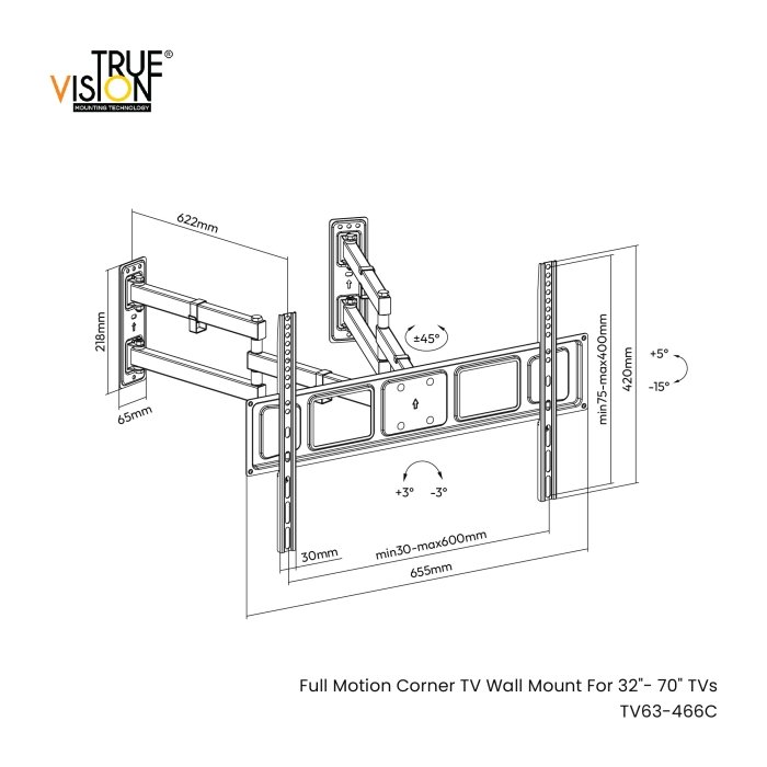 Full Motion Corner TV Mount For 32"-70" - Image 3